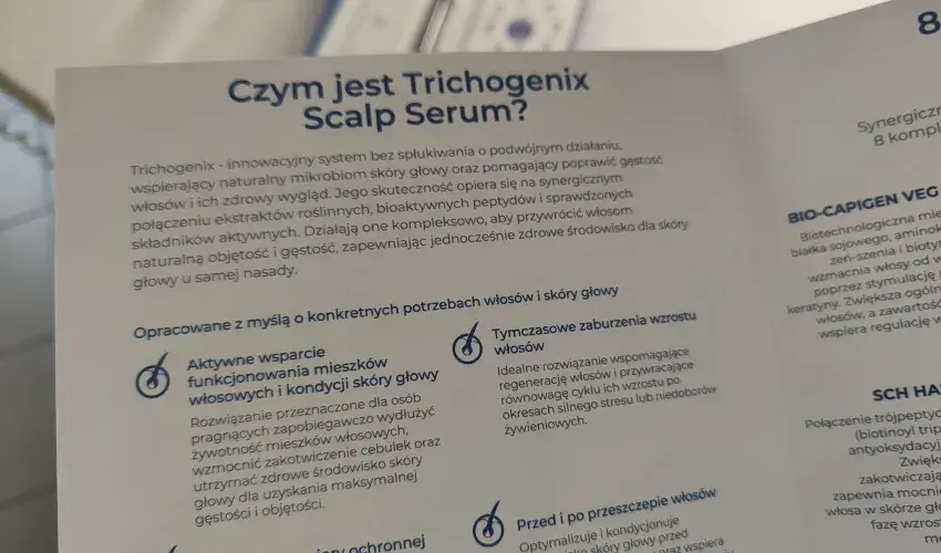 Polska ulotka Trichogenix Scalp Serum z opisem działania i wskazań