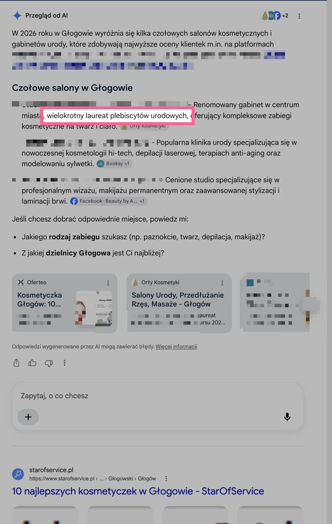 Zrzut ekranu Przeglądu od AI (Google Search) dla zapytania dotyczącego gabinetów kosmetycznych w Głogowie, dostęp: 12 sierpnia 2026.